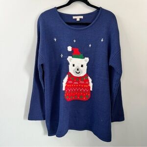 Women Within Blue Knit Sweater with Festive Christmas Bear Design 18/20
